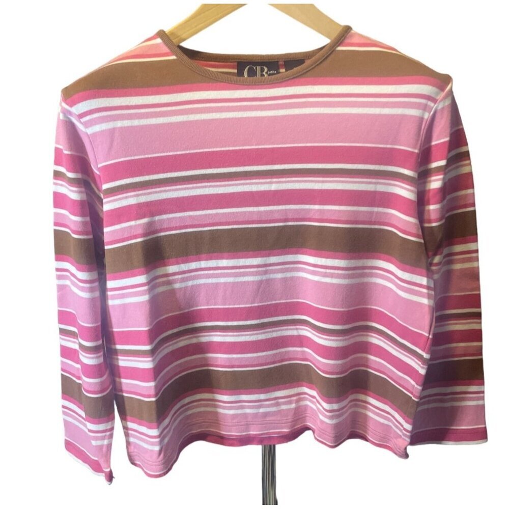 C.B. Casual Pink Brown Striped Three Quarter Sleeve Boat Neck Top Sz LP